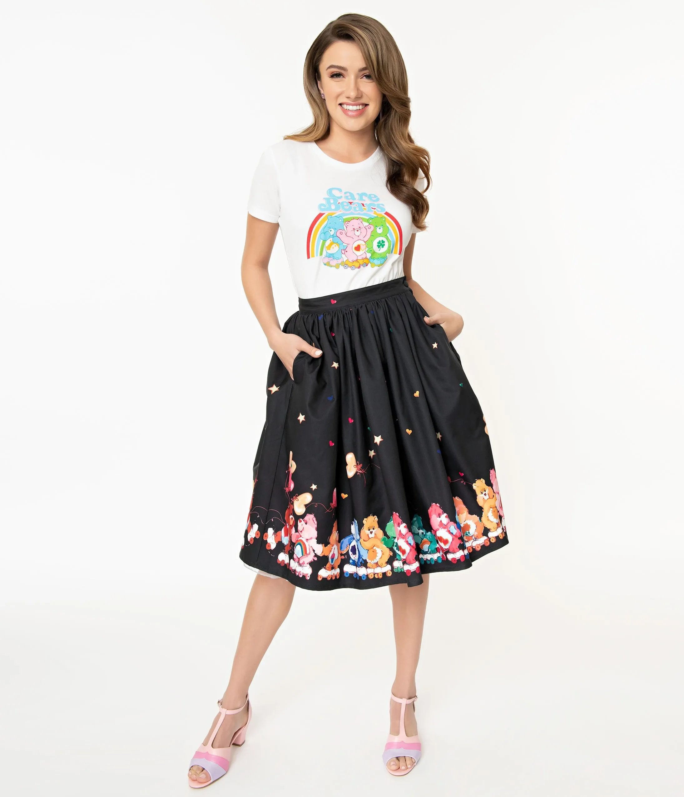 Care Bears x Unique Vintage Black Skate Line Print Swing Skirt