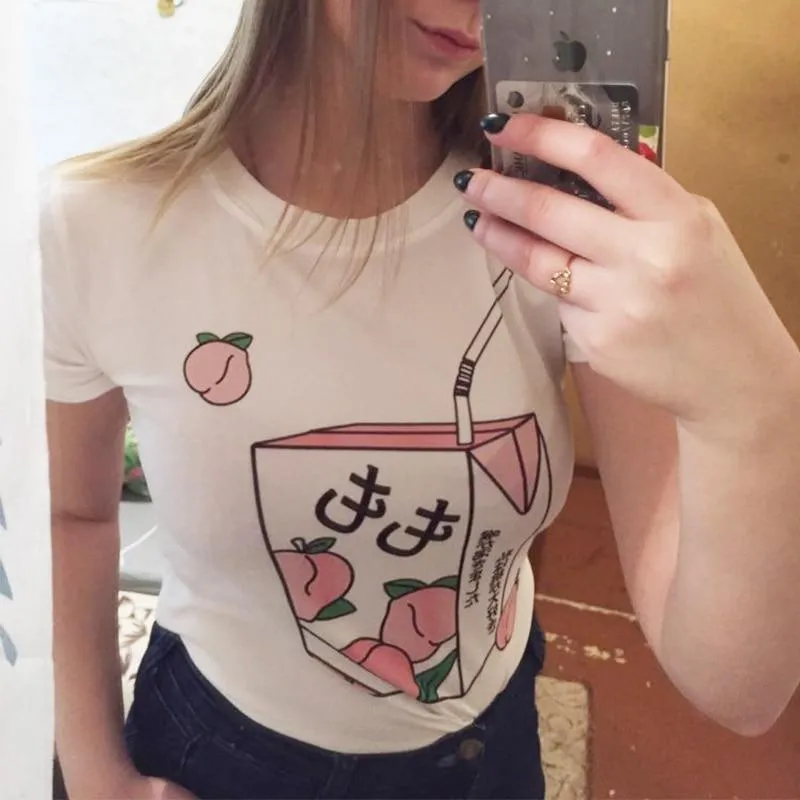 Cartoon Peach Juice Japanese Aesthetic T-Shirt: Summer tees for women