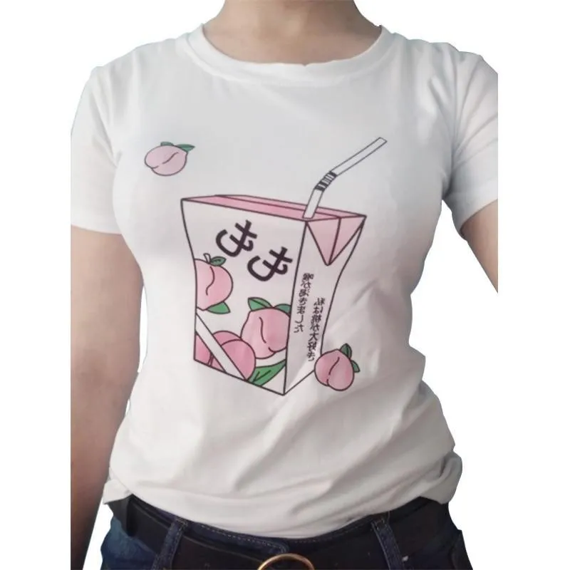 Cartoon Peach Juice Japanese Aesthetic T-Shirt: Summer tees for women