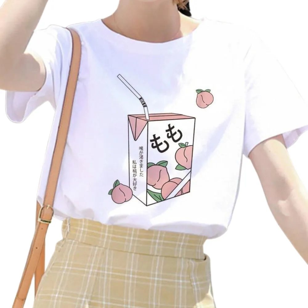 Cartoon Peach Juice Japanese Aesthetic T-Shirt: Summer tees for women