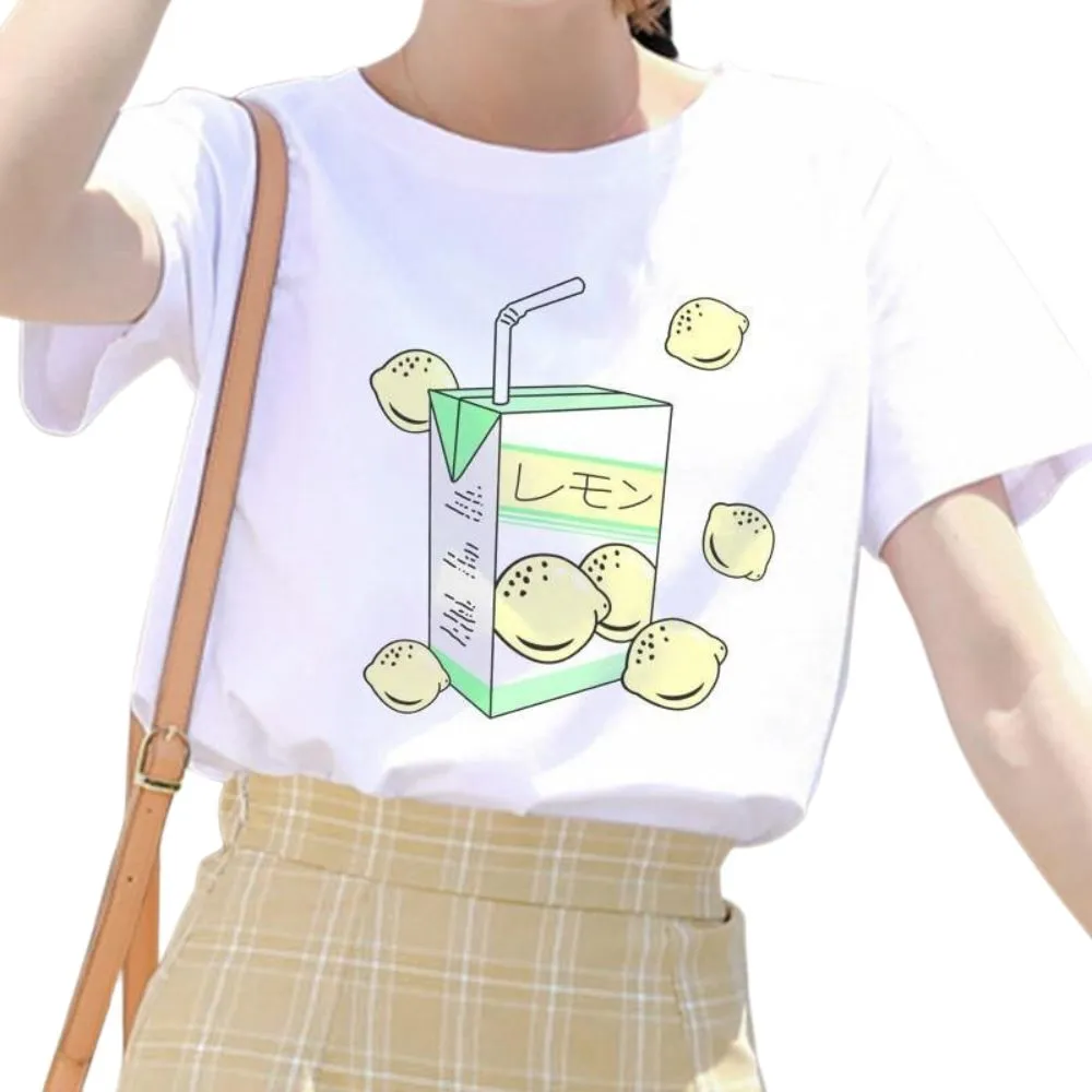 Cartoon Peach Juice Japanese Aesthetic T-Shirt: Summer tees for women