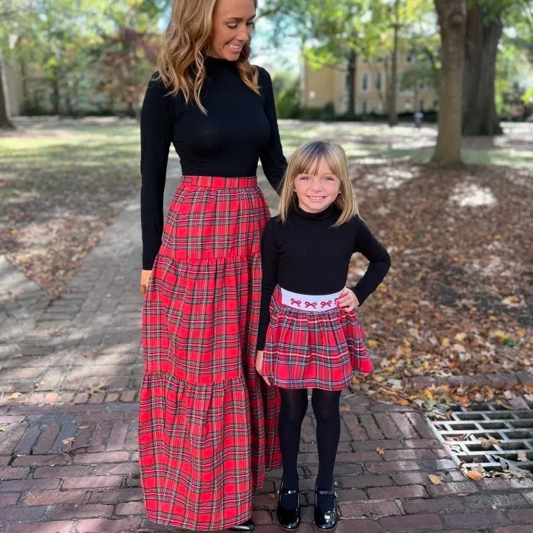 Christmas Plaid Girls Skirt with Embroidered Bows