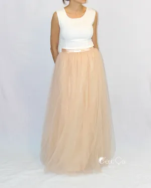 Claire Beige Soft Tulle Skirt - Maxi