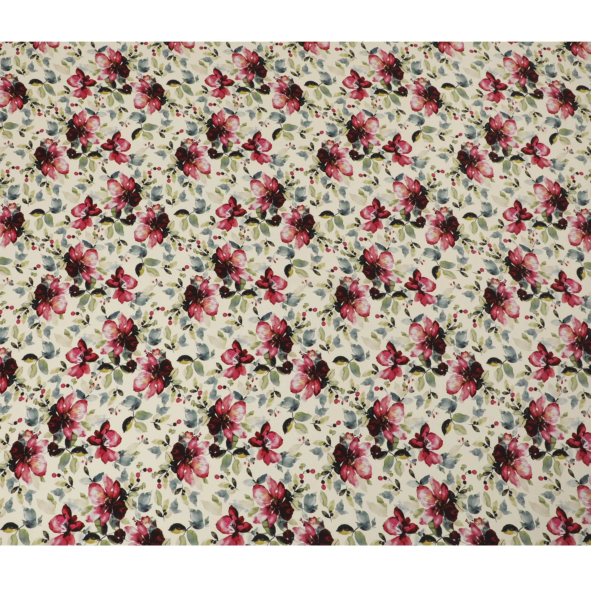 Classic Crimson Garden Viscose Fabric, 110 cm Width - Vintage Red Floral on Cream-D18732