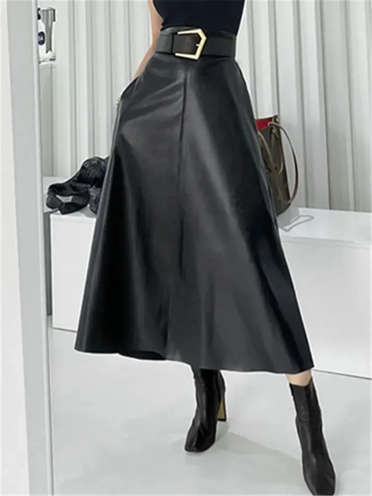 Classic Faux PU Leather Long Skirts with Belted New High Waist Fashion Umbrella Skirts Ladies Female Autumn Winter