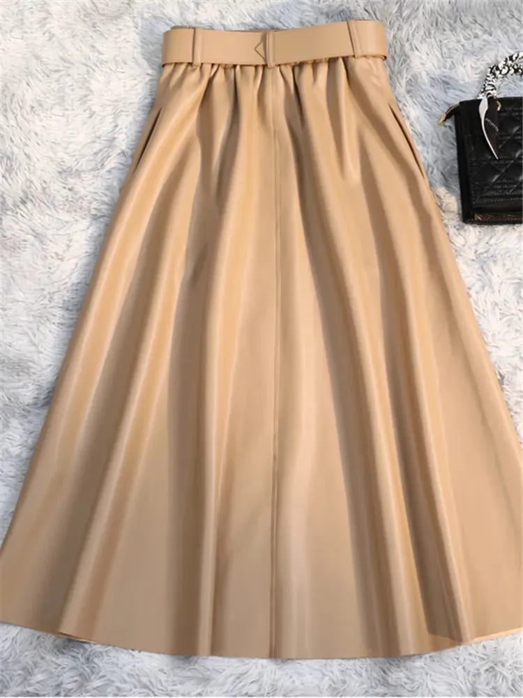 Classic Faux PU Leather Long Skirts with Belted New High Waist Fashion Umbrella Skirts Ladies Female Autumn Winter