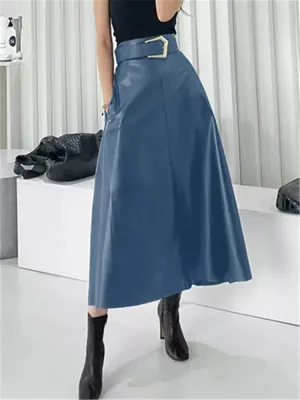 Classic Faux PU Leather Long Skirts with Belted New High Waist Fashion Umbrella Skirts Ladies Female Autumn Winter