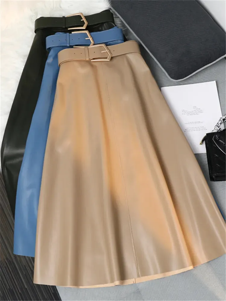 Classic Faux PU Leather Long Skirts with Belted New High Waist Fashion Umbrella Skirts Ladies Female Autumn Winter