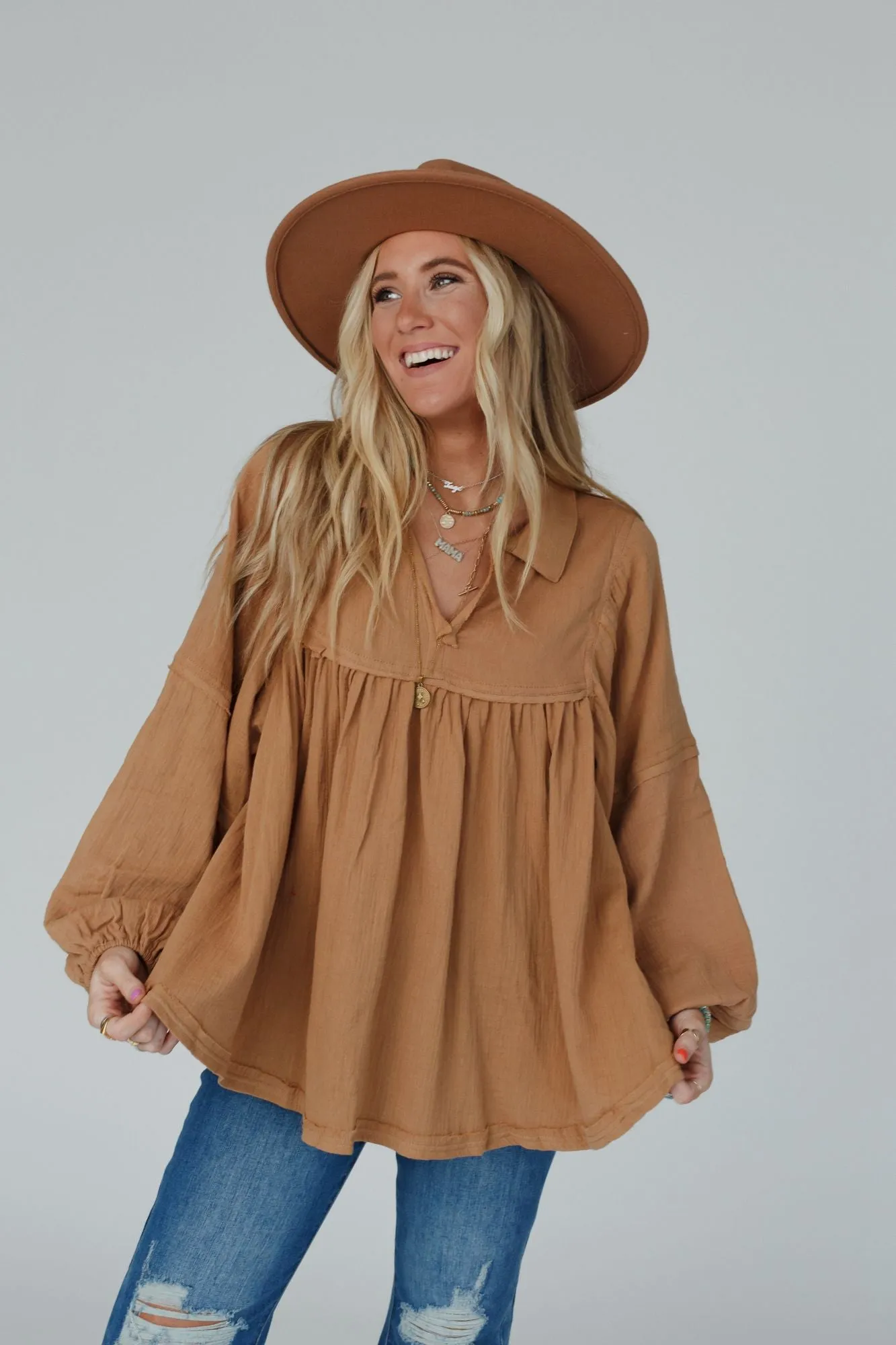 Cotton Clouds Babydoll Top - Camel