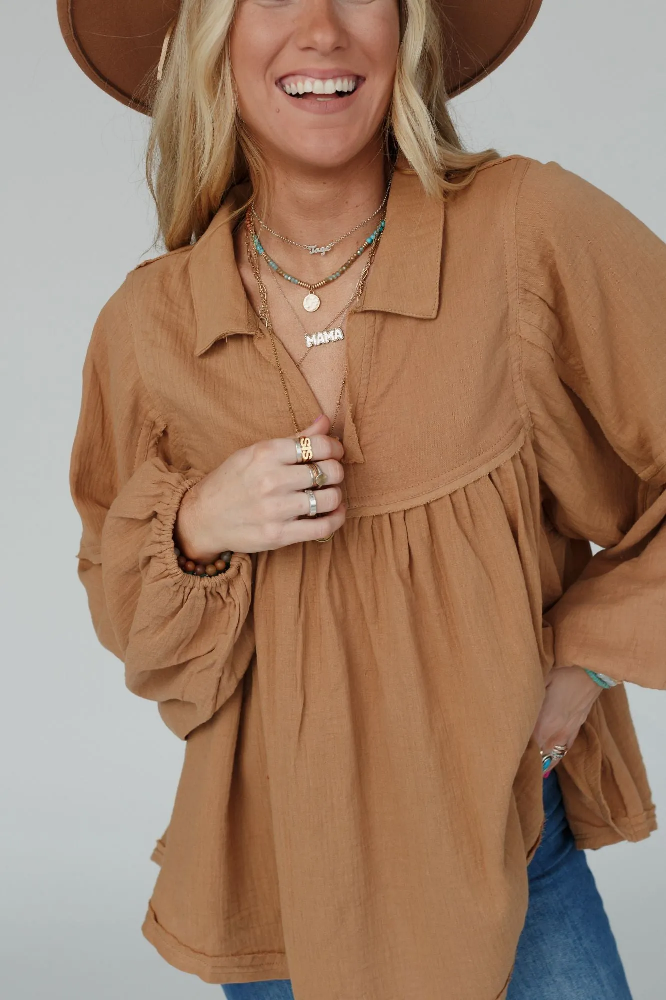 Cotton Clouds Babydoll Top - Camel