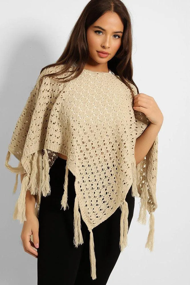 Crochet Knit Tasseled Poncho