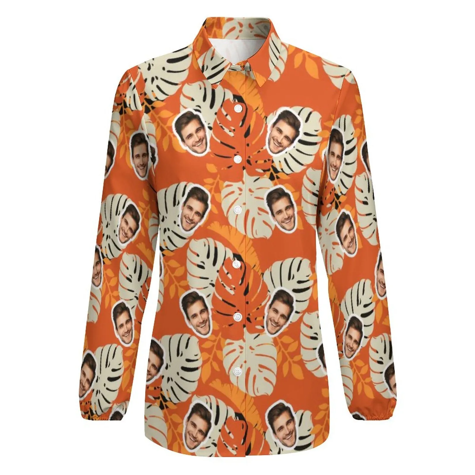 Custom Face Orange Background Leaves Vntage Casual Long Sleeve Hawaiian Shirts