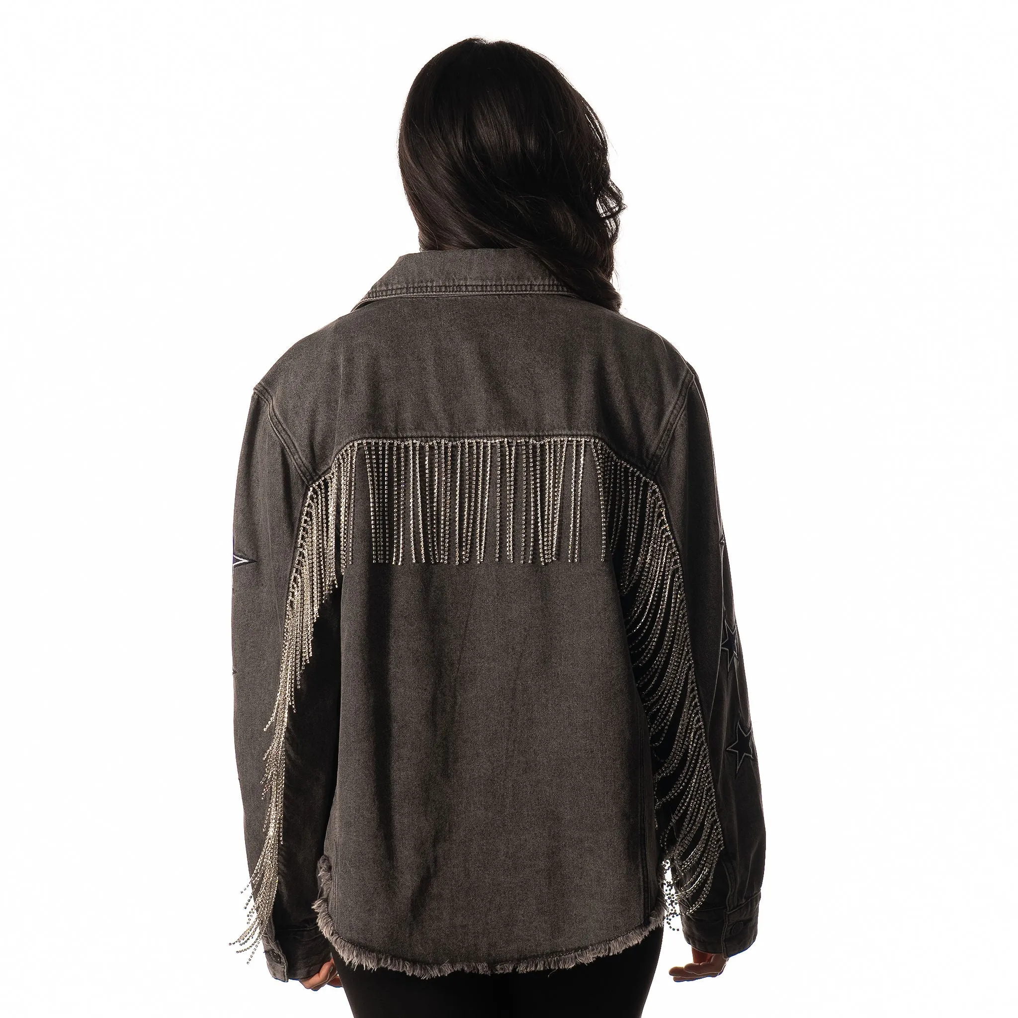 Dallas Cowboys Womens Black Denim Fringe Jacket - Black