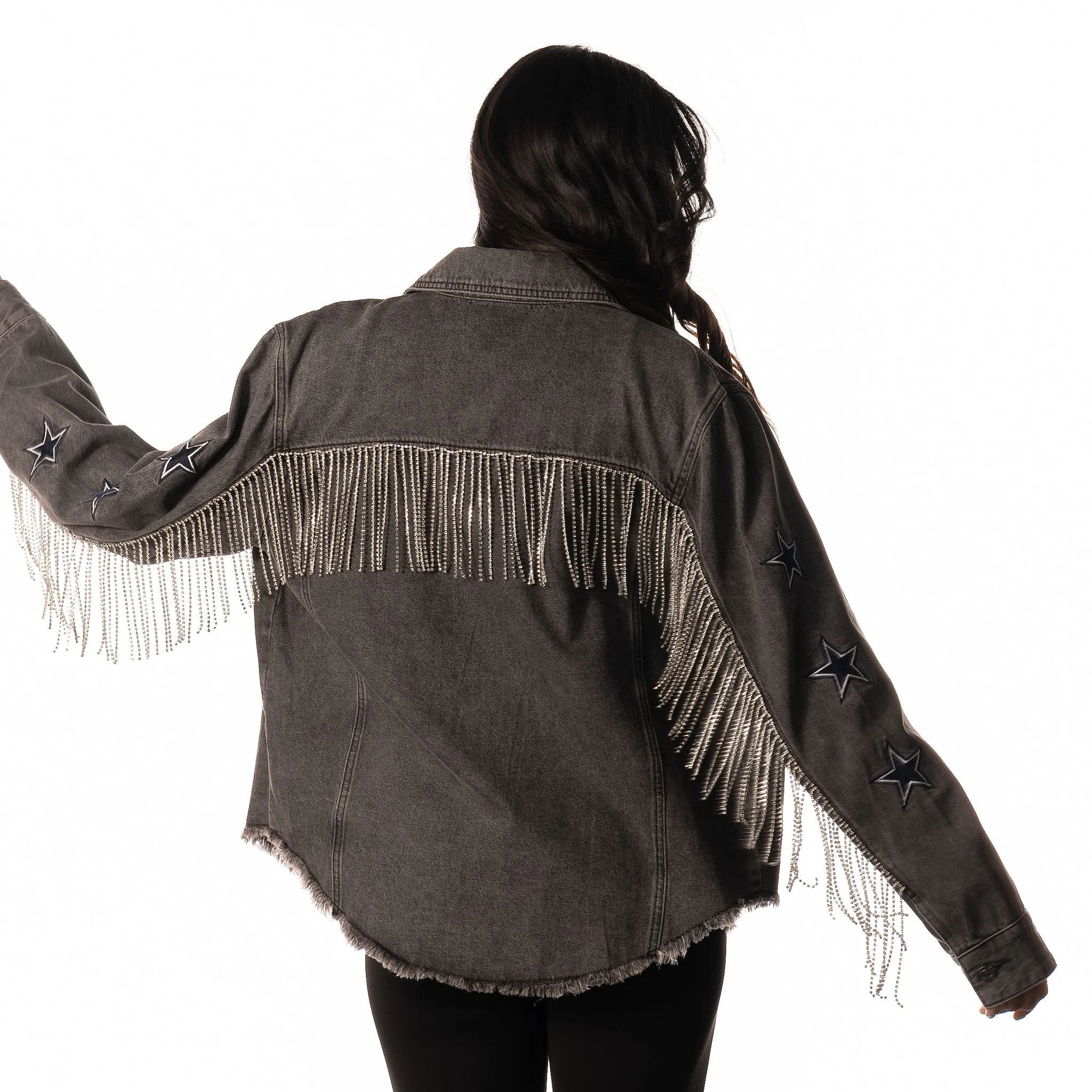 Dallas Cowboys Womens Black Denim Fringe Jacket - Black