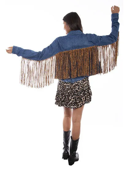 Denim Jacket W/Leopard Fringe Hc647-Den