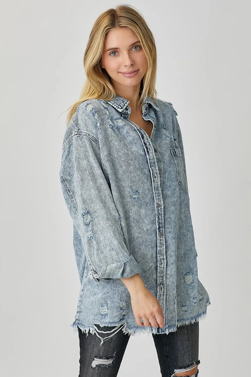 Distressed Raw Hem Denim Shirt