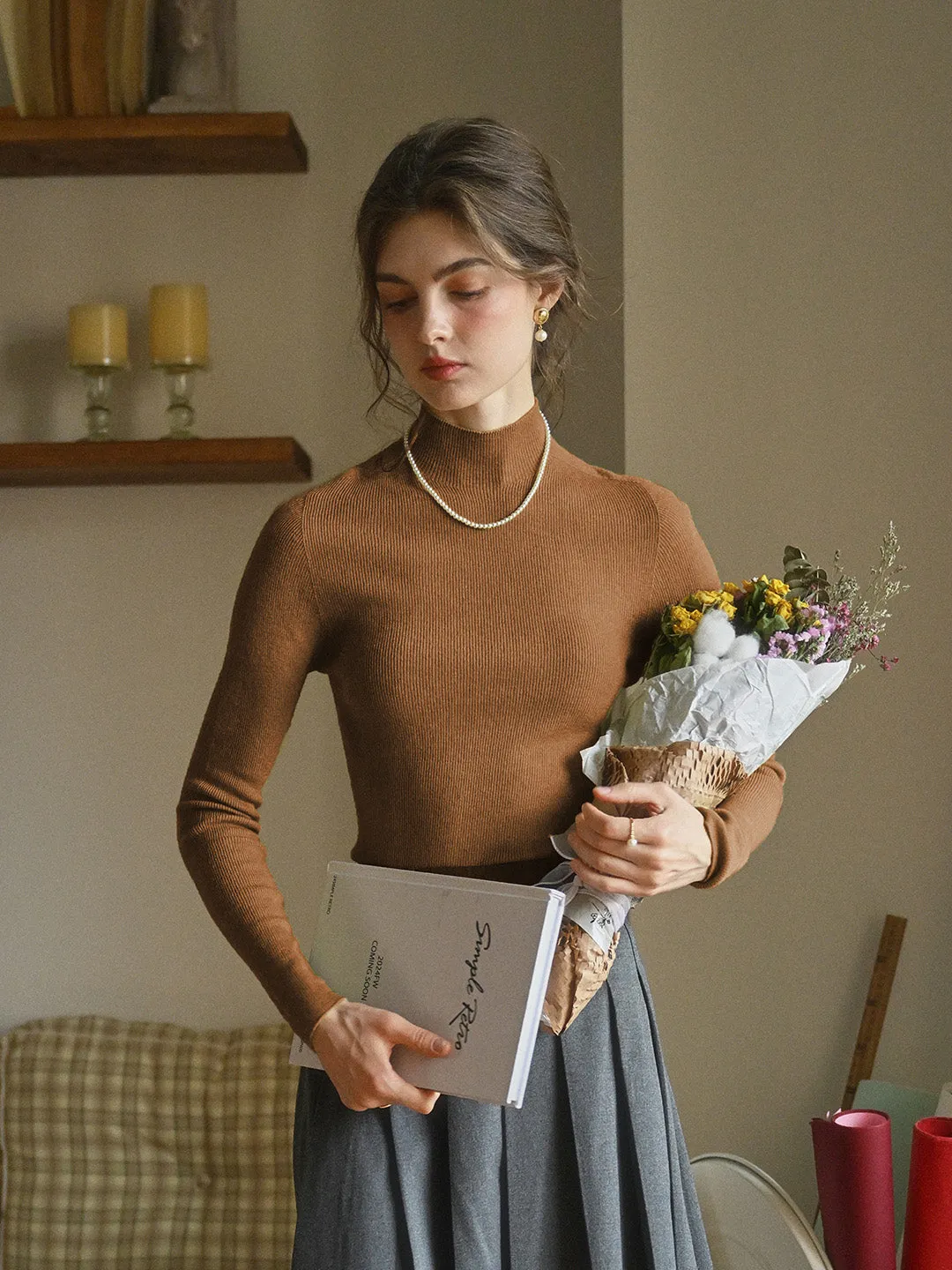 Erin 100% Wool Simple Mock Neck Slim Fit Sweater - Apricot