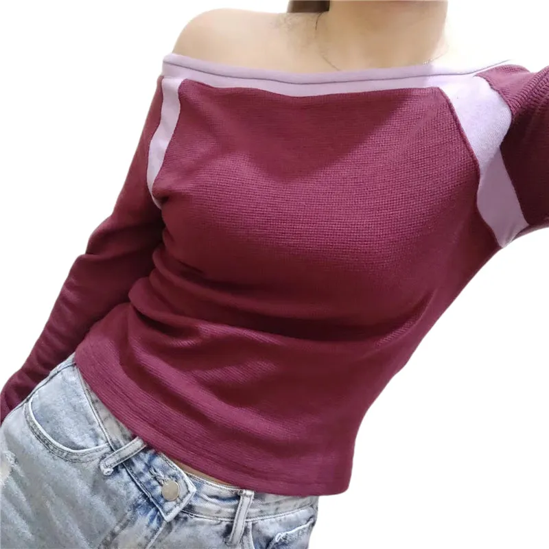 FashionKova - Contrast Color Off Shoulder Long Sleeve Tee