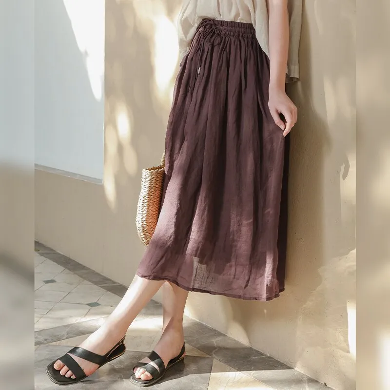 Fashionkova Retro Women's Cotton And Linen A-Line Skirt Spring Summer New Casual Loose Elastic Waist Lace-Up Double-Layer Flowy Ramie Skirts