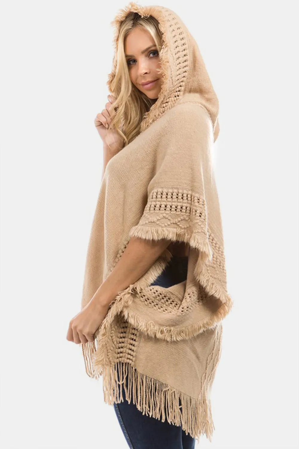 Fringed Crochet Buttoned Hooded Poncho