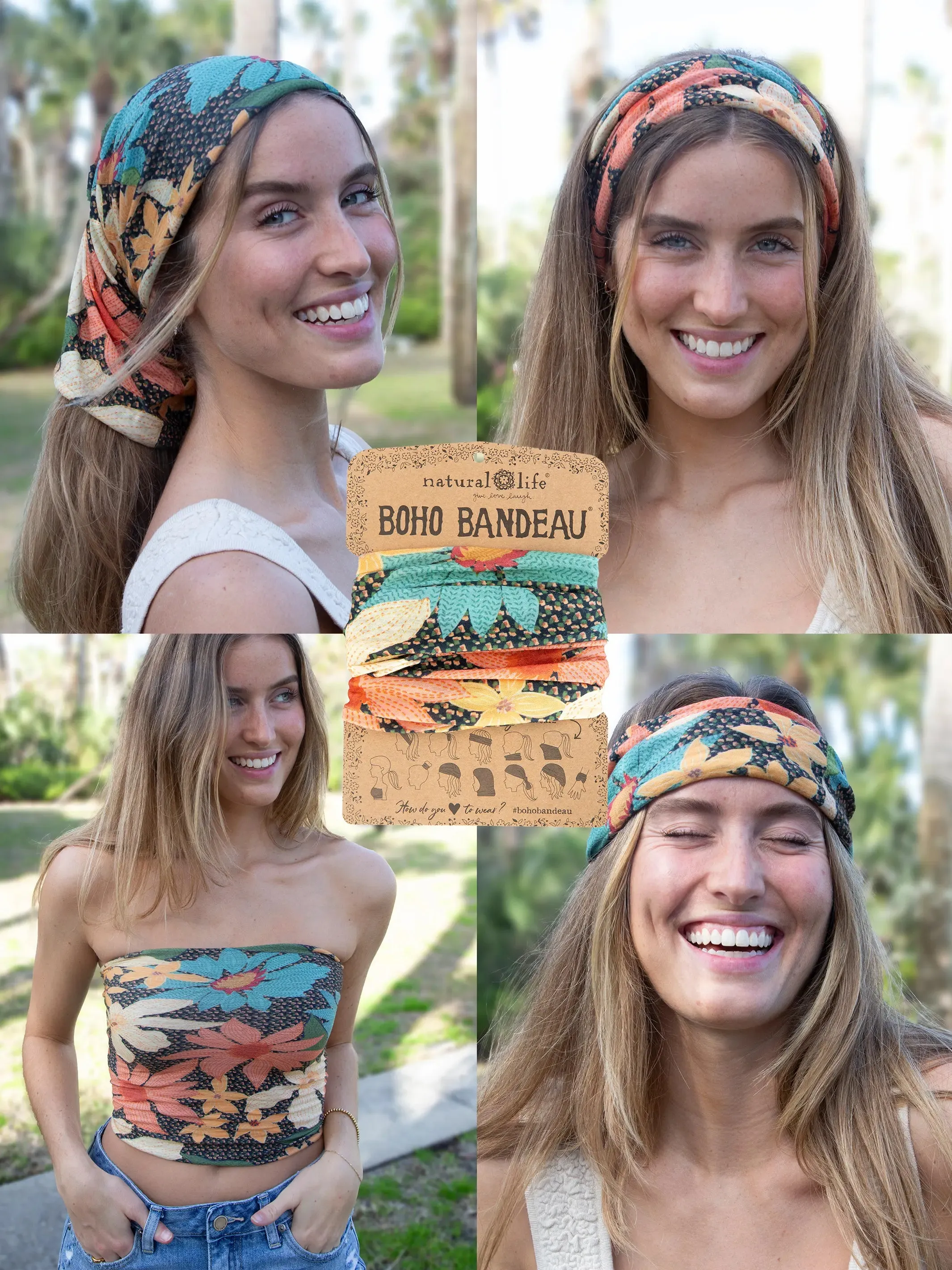 Full Boho Bandeau® Headband - Blue Coral Cream Floral