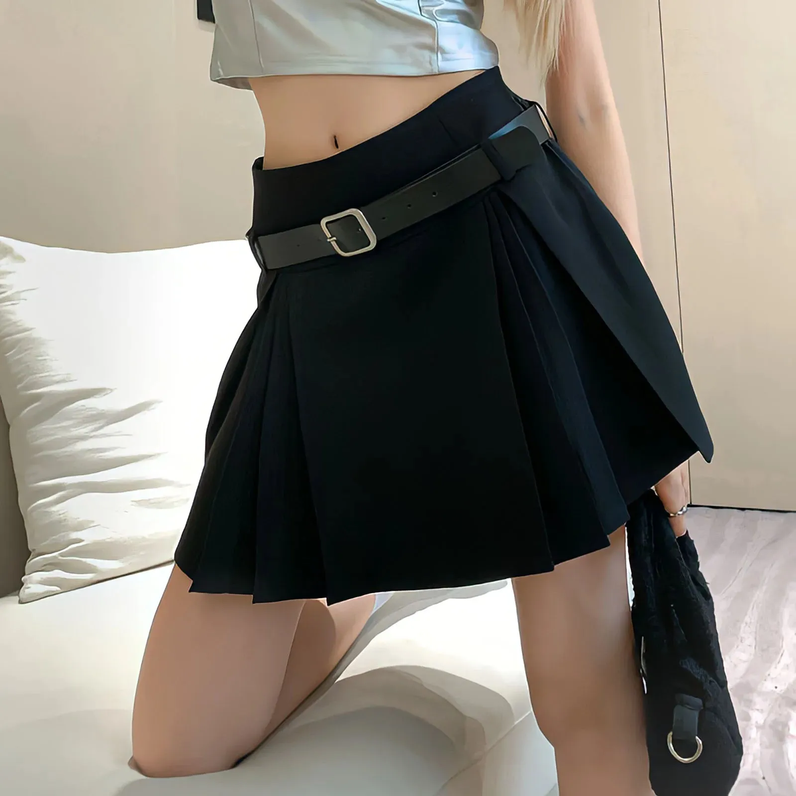 Girlary Faldas American Retro Style High Waist Solid Color Pleated Skirts Y2k Summer Black Tennis Japanese Harajuku Korean Mini Skirt Sh