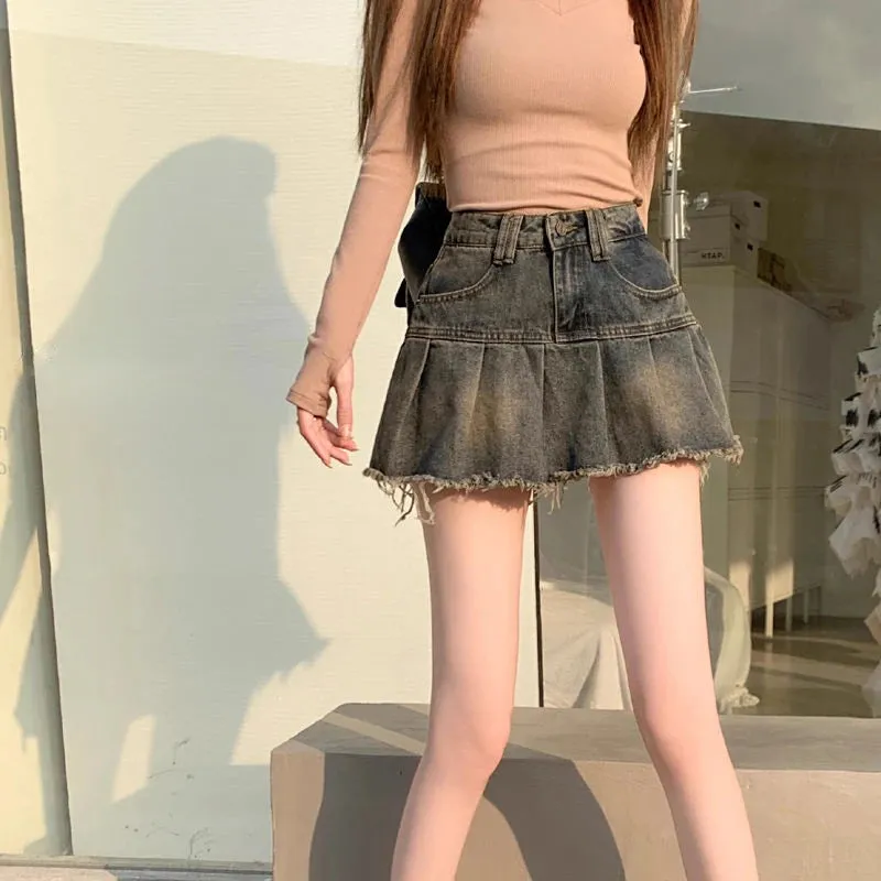 Girlary Vintage Denim Skirt Women Pleated Sexy Short Skirts Retro Korean Fashion Aesthetics Casual A-line Streetwear Jean Skirt