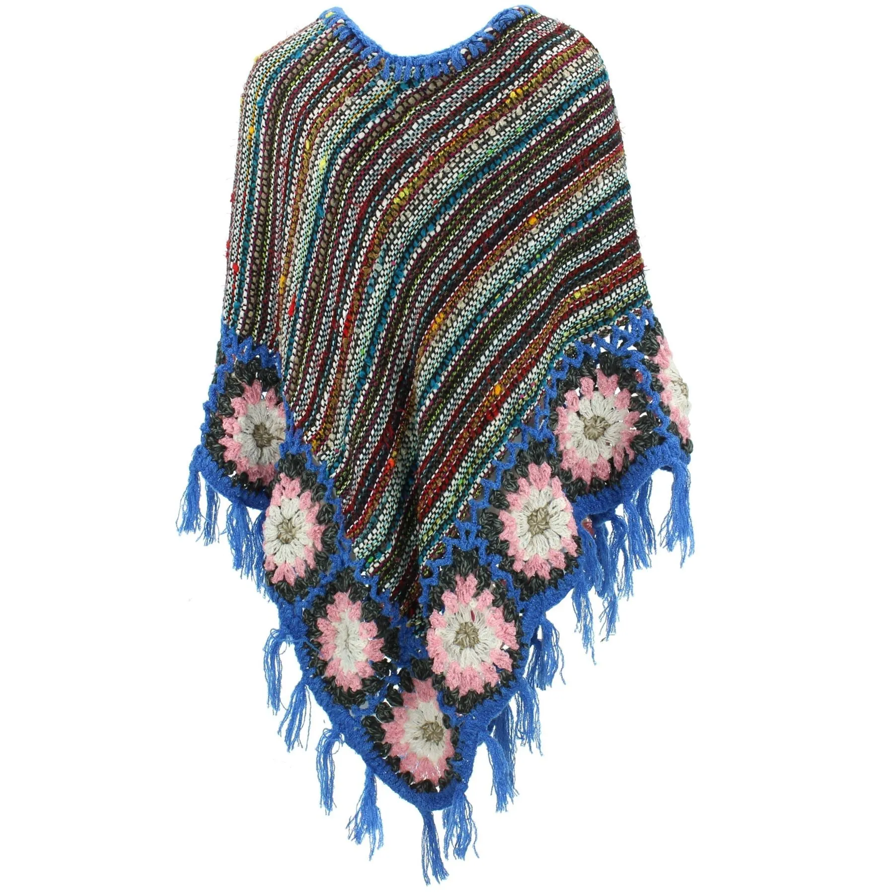 Granny Squares Crochet Poncho Long - Black Multi/Blue