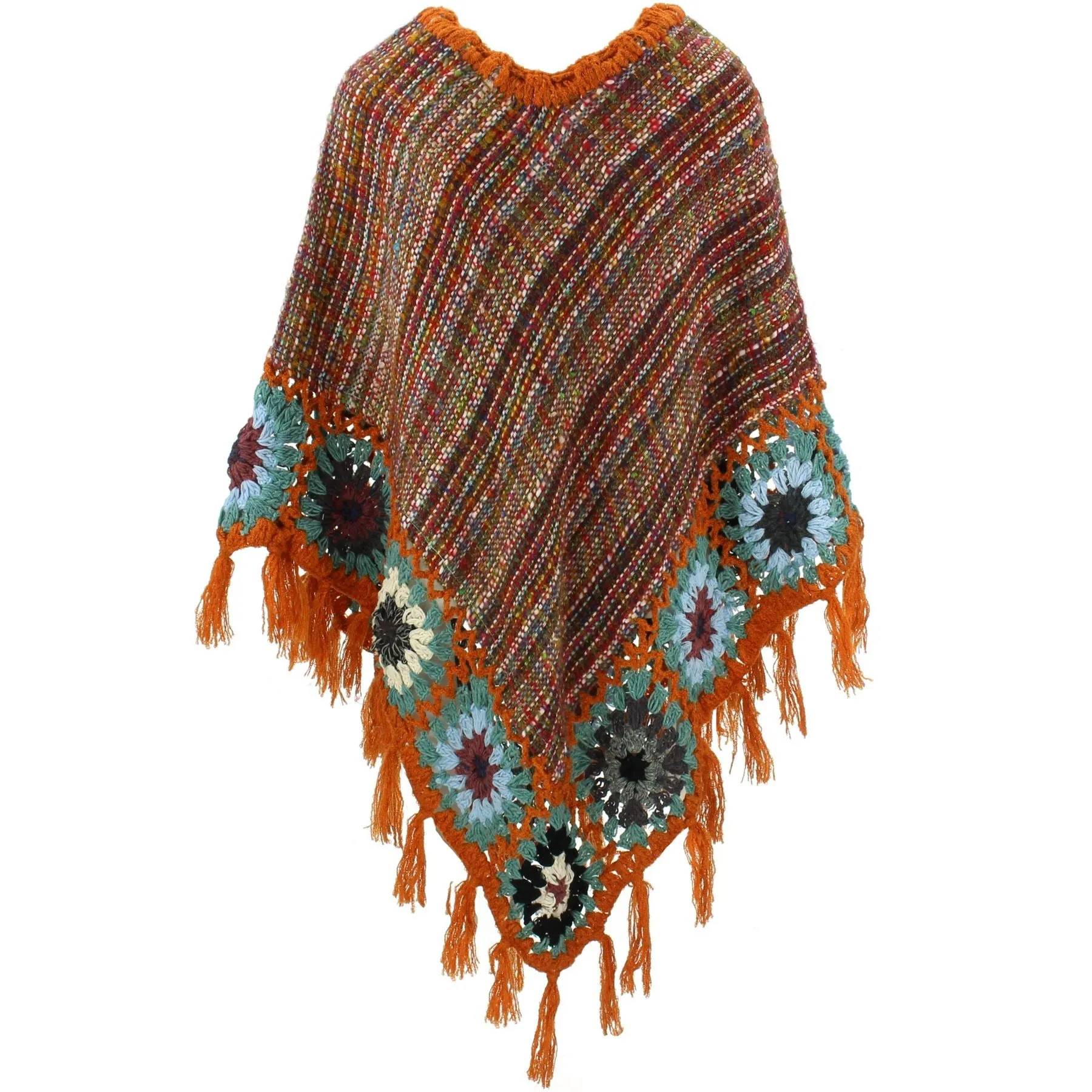 Granny Squares Crochet Poncho Long - Rainbow/Rust