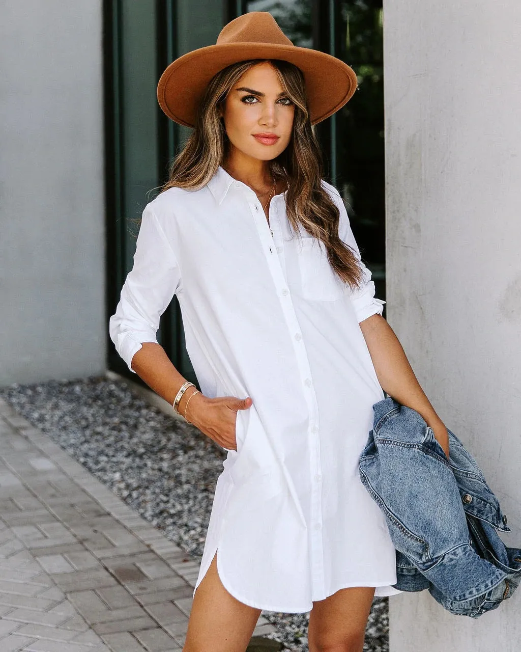 Harmony Cotton Button Down Shirt Dress - White