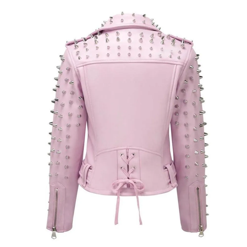 Hot Pink Studs Leather Jacket