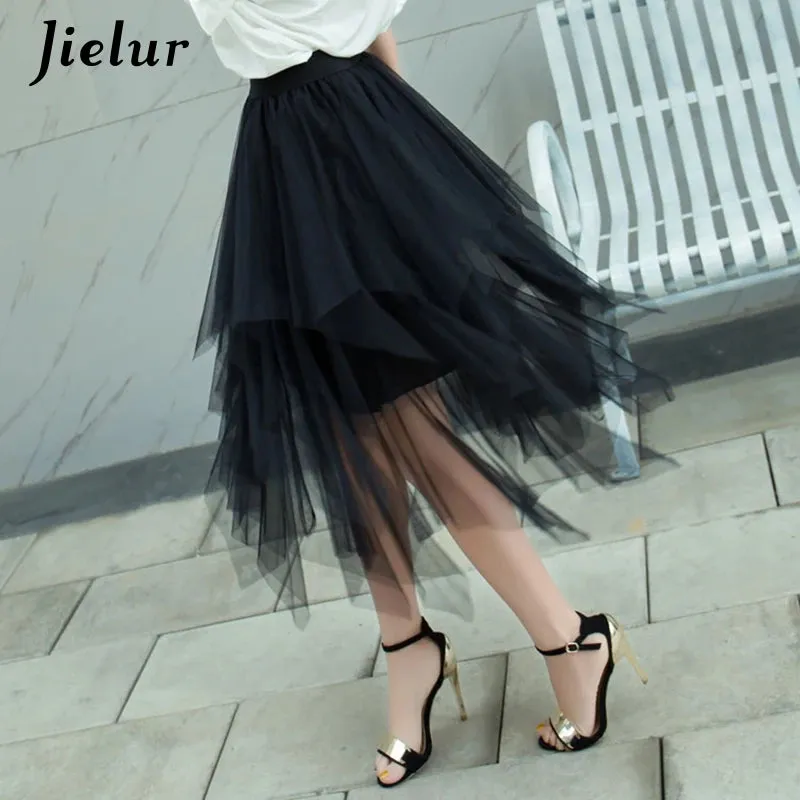 Jielur Skirts Womens Autumn 3 Layers Princess Tulle Mesh Pleated Skirt Saia Female Jupe Summer Tutu Skirts Faldas Mujer Moda