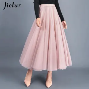 Jielur Skirts Womens Autumn 3 Layers Princess Tulle Mesh Pleated Skirt Saia Female Jupe Summer Tutu Skirts Faldas Mujer Moda