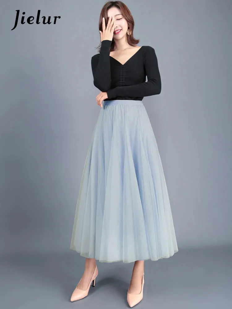 Jielur Skirts Womens Autumn 3 Layers Princess Tulle Mesh Pleated Skirt Saia Female Jupe Summer Tutu Skirts Faldas Mujer Moda