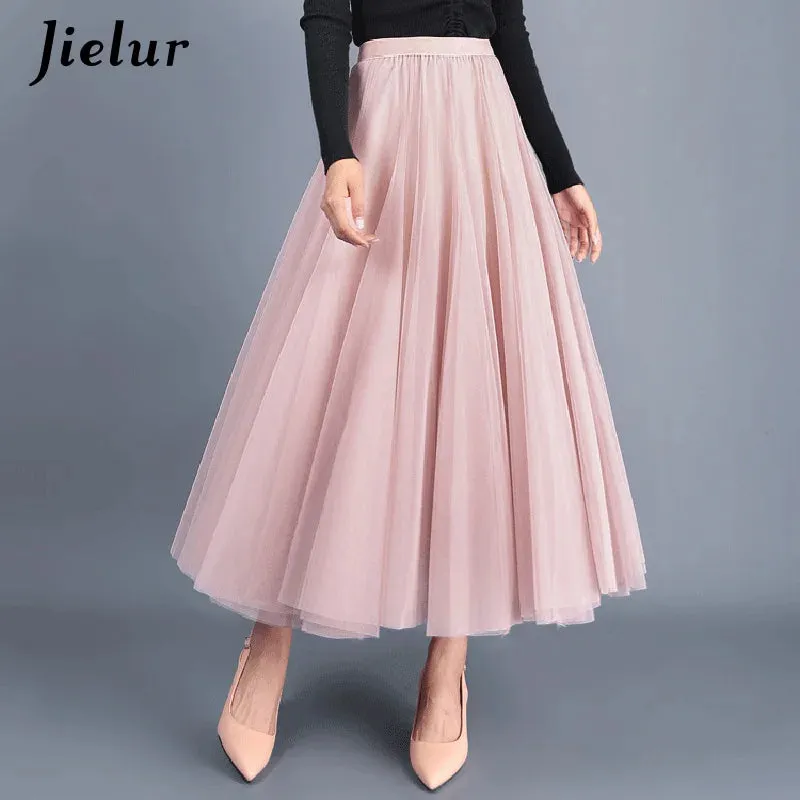 Jielur Skirts Womens Autumn 3 Layers Princess Tulle Mesh Pleated Skirt Saia Female Jupe Summer Tutu Skirts Faldas Mujer Moda