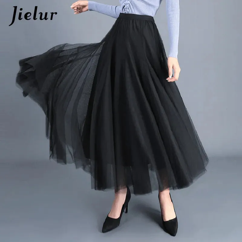 Jielur Skirts Womens Autumn 3 Layers Princess Tulle Mesh Pleated Skirt Saia Female Jupe Summer Tutu Skirts Faldas Mujer Moda