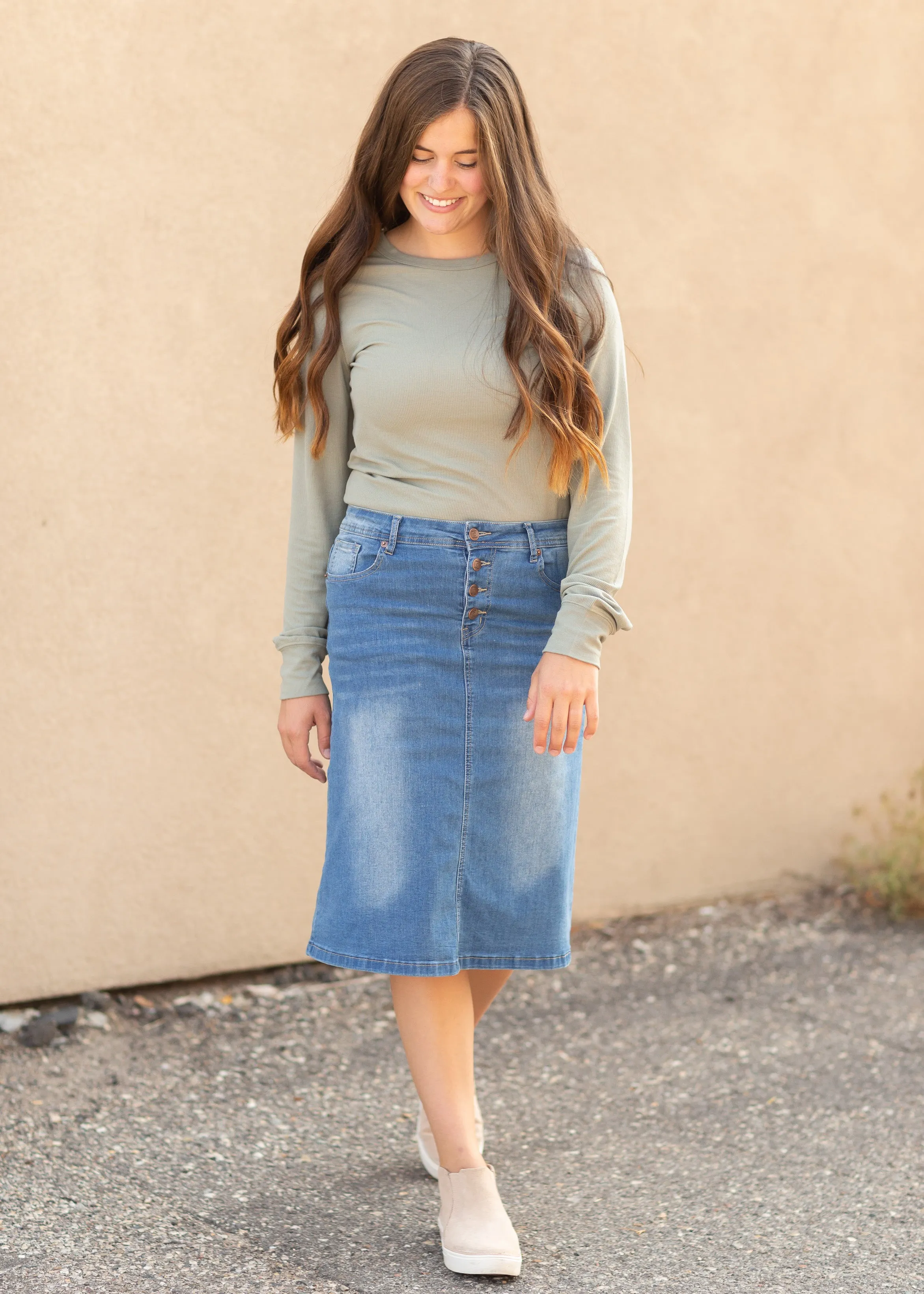 Josie Vintage Wash Button Front Midi Denim Skirt - FINAL SALE