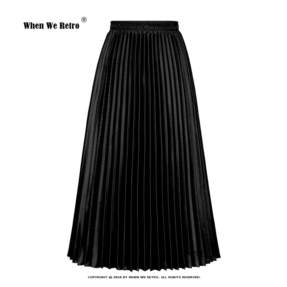 Korean Women Fashion Pleated Satin Long Skirt Autumn High Waist Metallic Purple Green Yellow Red Skirts All-match Saia SS0036