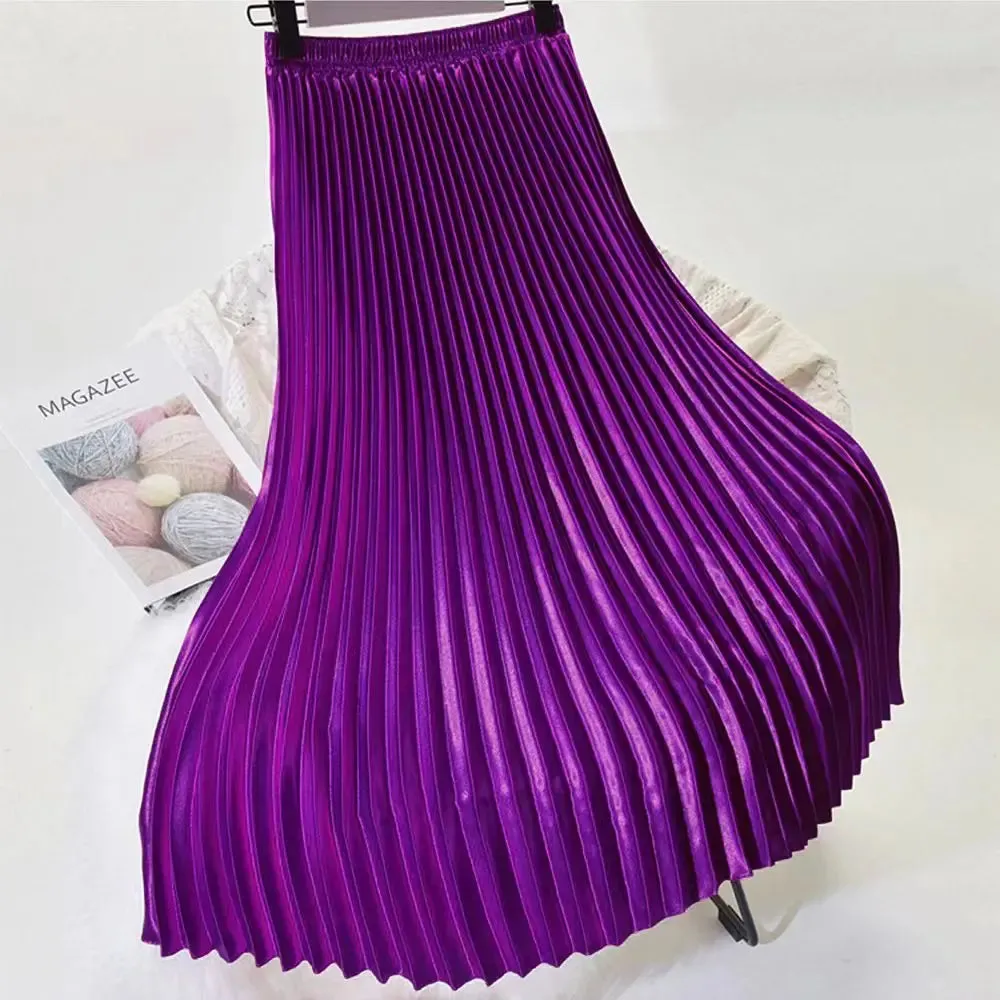 Korean Women Fashion Pleated Satin Long Skirt Autumn High Waist Metallic Purple Green Yellow Red Skirts All-match Saia SS0036