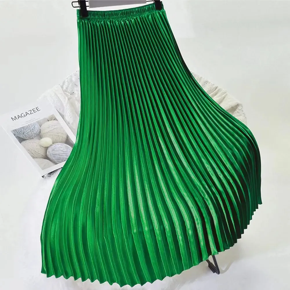 Korean Women Fashion Pleated Satin Long Skirt Autumn High Waist Metallic Purple Green Yellow Red Skirts All-match Saia SS0036