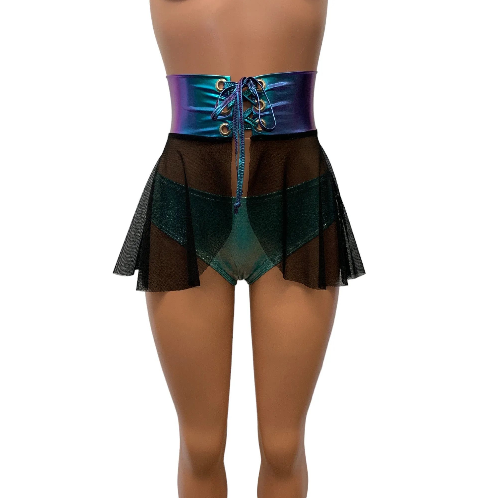 Lace-Up Corset Skirt - Black Mesh w/ Oil Slick Holo