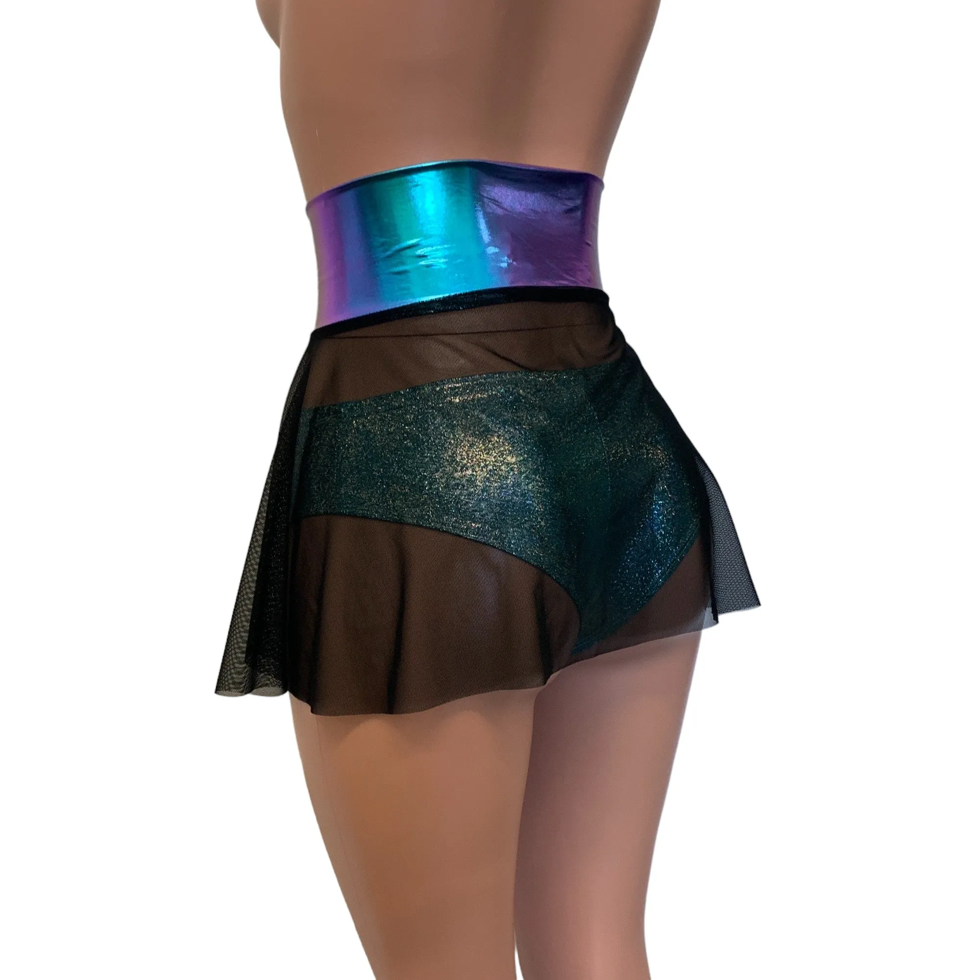 Lace-Up Corset Skirt - Black Mesh w/ Oil Slick Holo