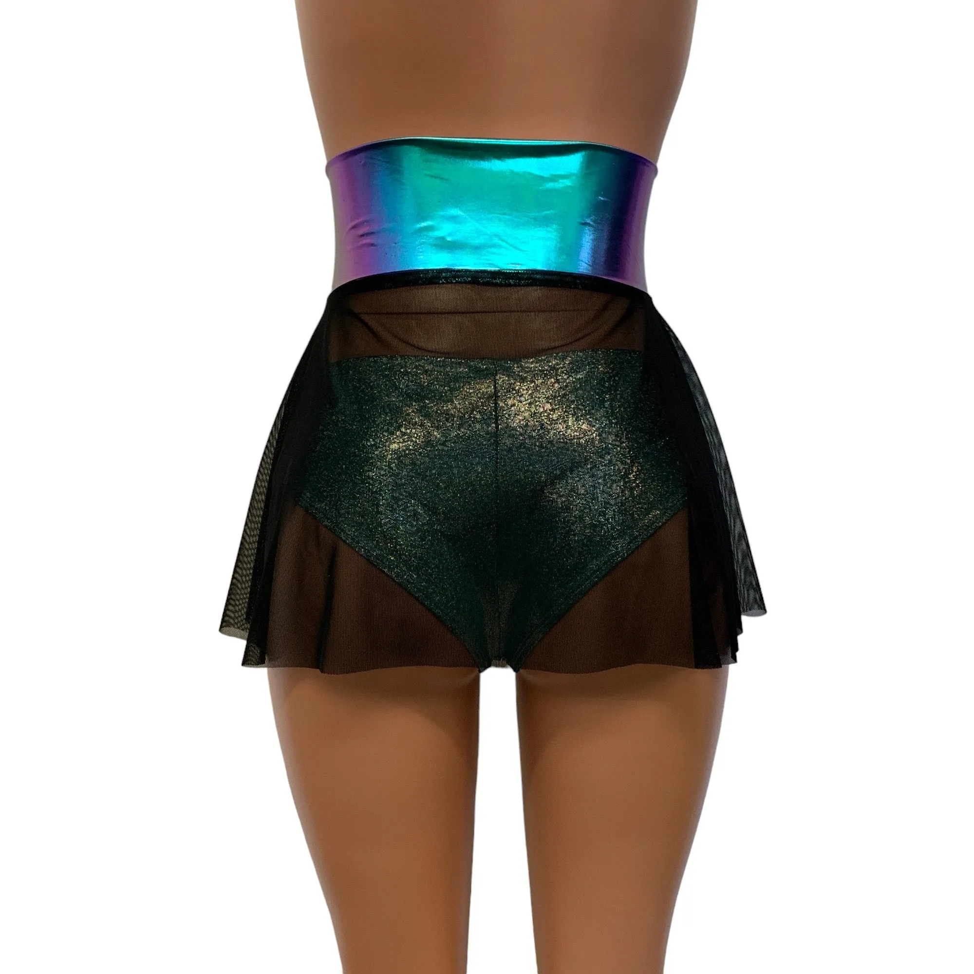 Lace-Up Corset Skirt - Black Mesh w/ Oil Slick Holo