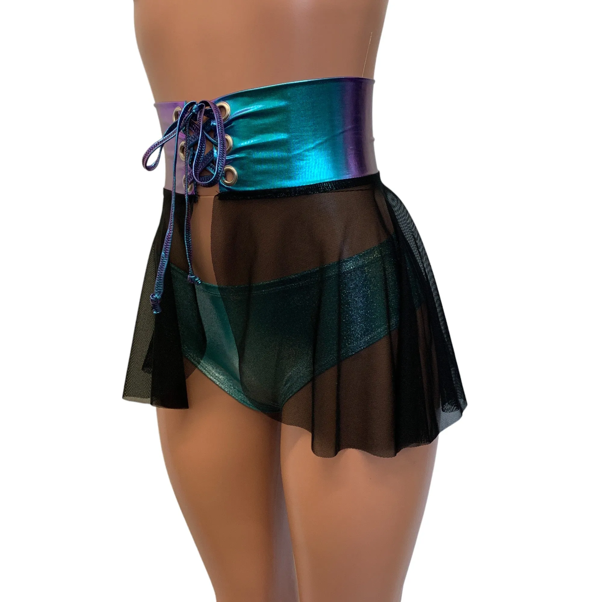 Lace-Up Corset Skirt - Black Mesh w/ Oil Slick Holo