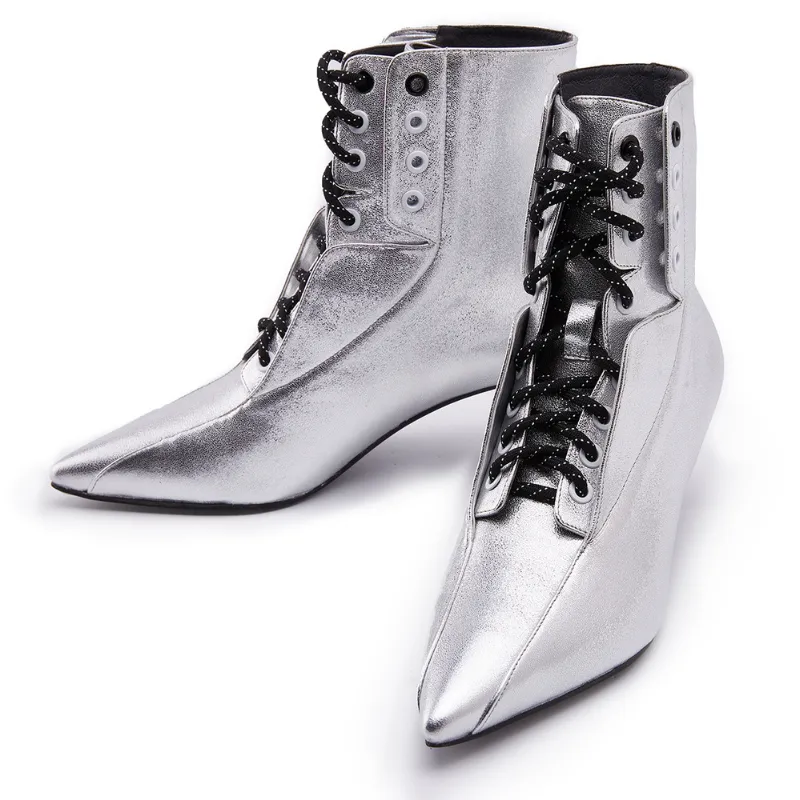 Ladies Retro Lace Up Bootie 5164 Silver