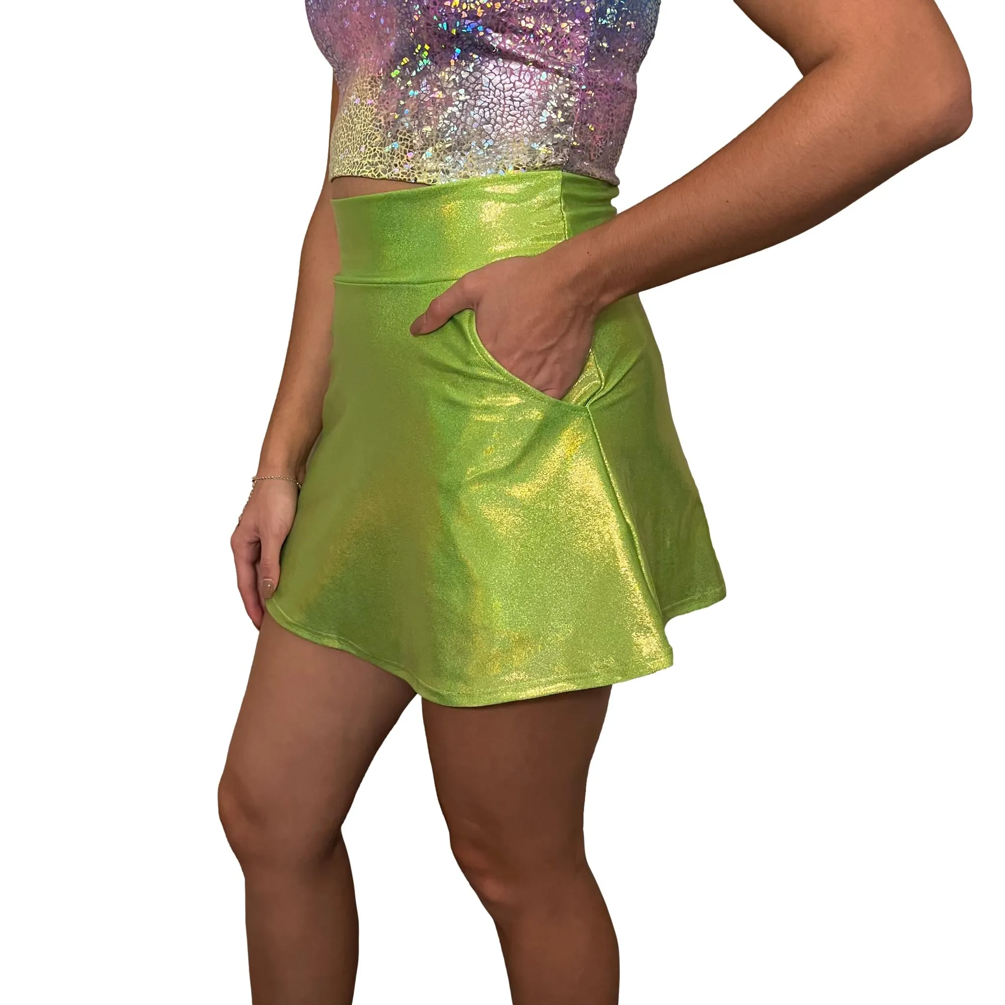 Lime Green Holographic A-line Skirt w/Optional Pockets