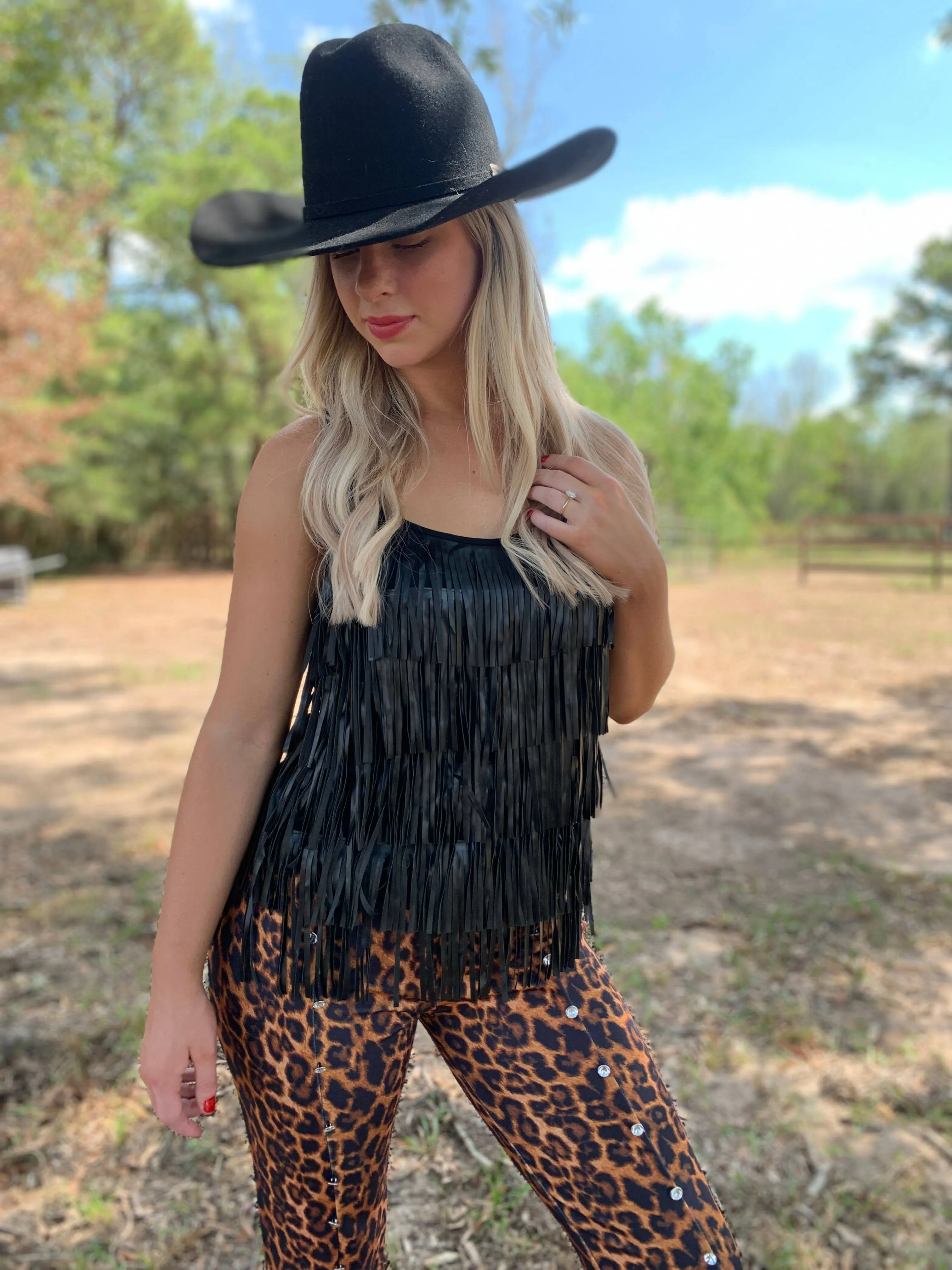 Living on the Edge Fringe Tank Black at Bourbon Cowgirl