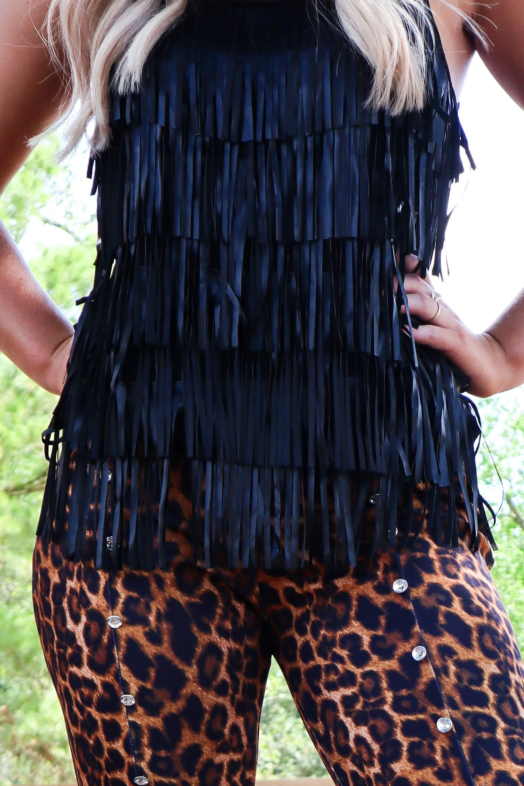 Living on the Edge Fringe Tank Black at Bourbon Cowgirl