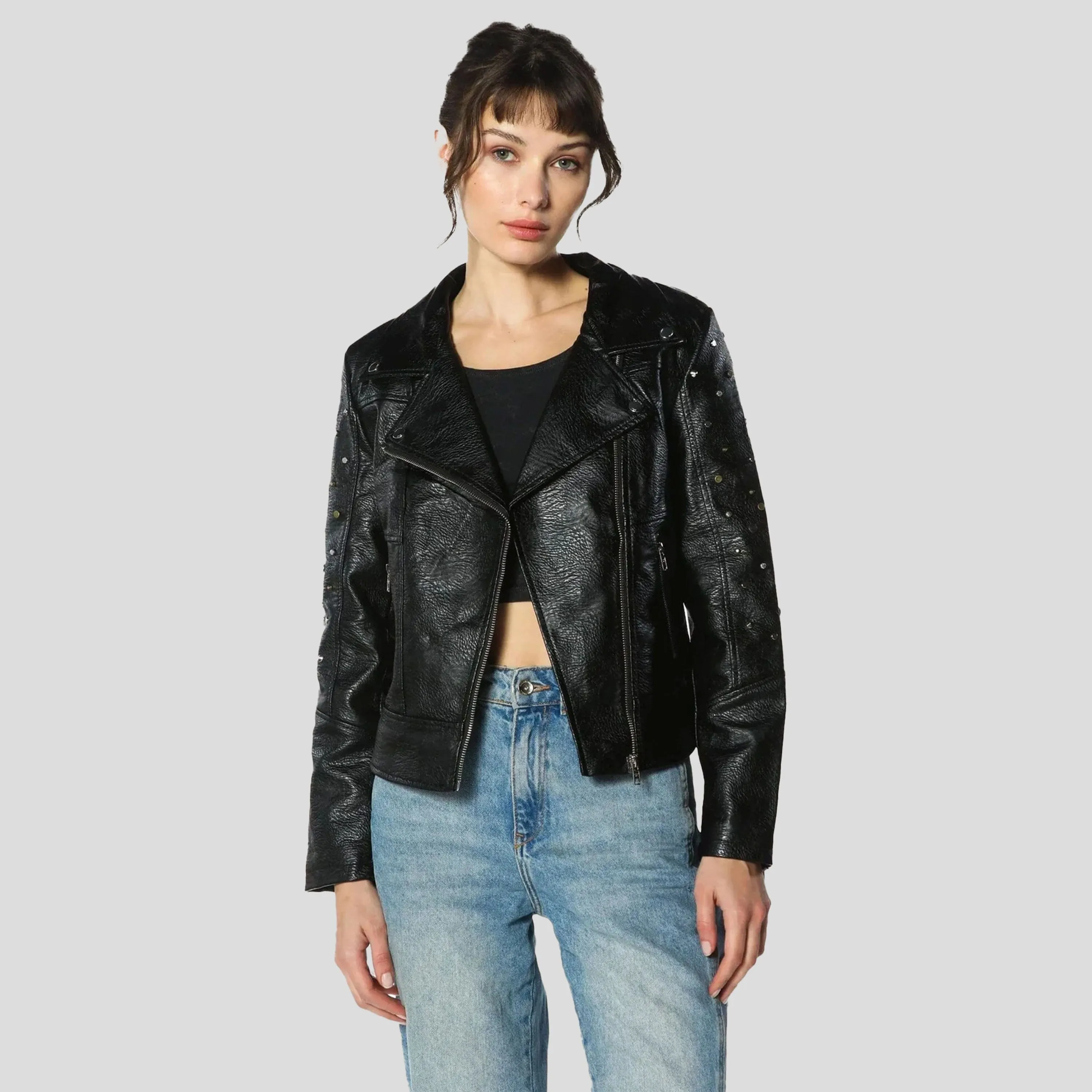 Members Only Women's Faux Leather Studded Biker Jacket