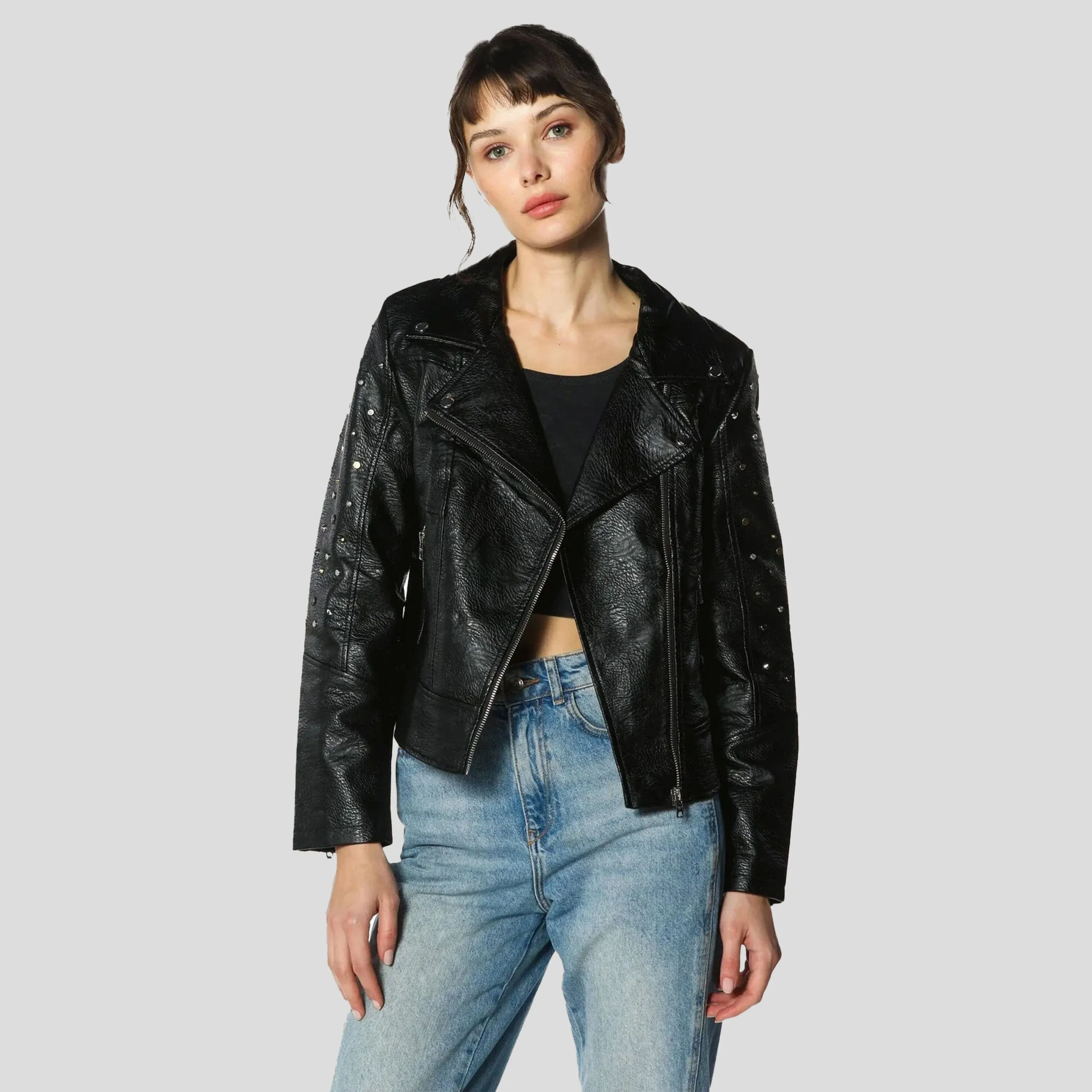 Members Only Women's Faux Leather Studded Biker Jacket